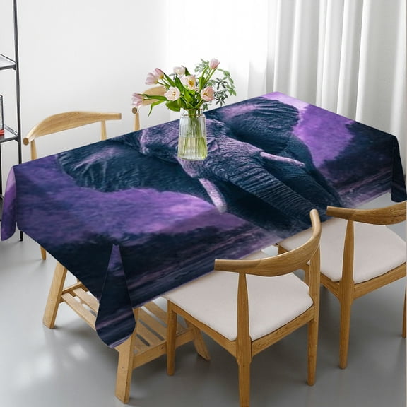 RKSupls Rectangle Dining Tablecloth, Purple Elephant Mountain Print, Washable Wipeable Stain & Wrinkle Resistant Polyester Tablecloth for Kitchen Party Picnic
