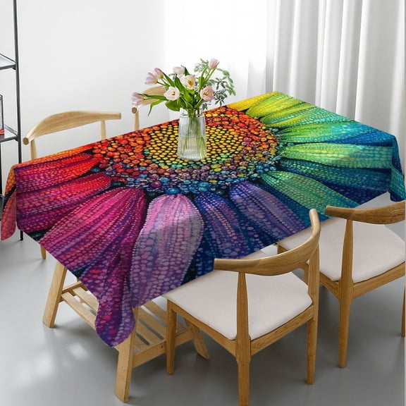 RKSupls Rectangle Dining Tablecloth, Rainbow Flower Dot Art Floral Print, Washable Wipeable Stain & Wrinkle Resistant Polyester Tablecloth for Kitchen Picnic Party