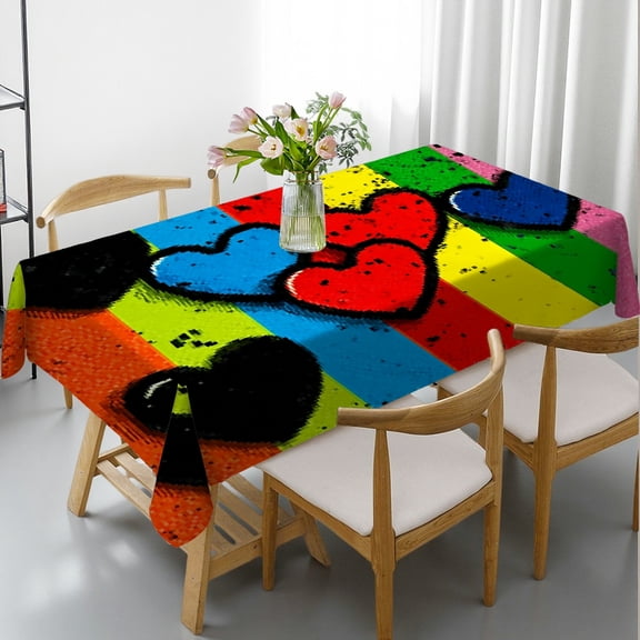 RKSupls Rectangle Dining Tablecloth, Rainbow Heart Stripes Pride Print, Washable Wipeable Stain & Wrinkle Resistant Polyester Tablecloth for Kitchen Picnic Party