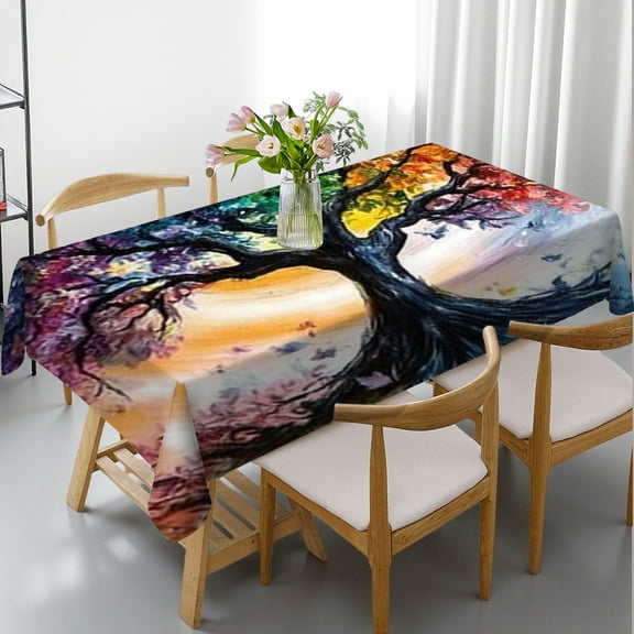 RKSupls Rectangle Dining Tablecloth, Rainbow Tree of Life Abstract Art Print, Washable Wipeable Stain & Wrinkle Resistant Polyester Tablecloth for Kitchen Picnic Party