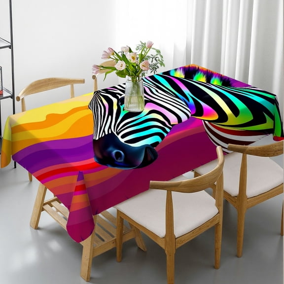 RKSupls Rectangle Dining Tablecloth Rainbow Zebra Psychedelic Animal Print, Washable Wipeable Stain & Wrinkle Resistant Polyester Tablecloth for Kitchen Picnic Party