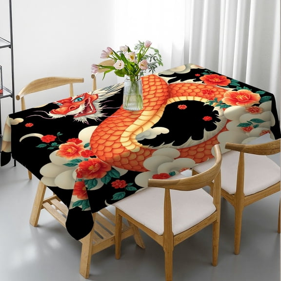 RKSupls Rectangle Dining Tablecloth Red Chinese Dragon Cloud Peony Asian Print, Washable Wipeable Stain & Wrinkle Resistant Polyester Tablecloth for Kitchen Picnic Party