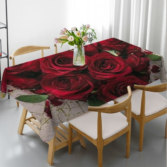 RKSupls Rectangle Dining Tablecloth, Red Roses Floral Print, Washable Wipeable Stain & Wrinkle Resistant Polyester Tablecloth for Kitchen Party Picnic
