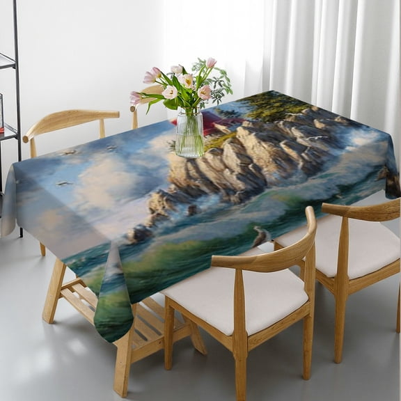 RKSupls Rectangle Dining Tablecloth, Red White Lighthouse Coastal Print, Washable Wipeable Stain & Wrinkle Resistant Polyester Tablecloth for Kitchen Party Picnic