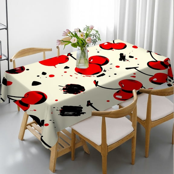 RKSupls Rectangle Dining Tablecloth, Retro Cherry Fruit Print, Washable Wipeable Stain & Wrinkle Resistant Polyester Tablecloth for Kitchen Picnic Party