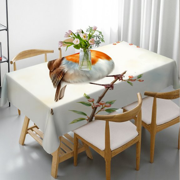 RKSupls Rectangle Dining Tablecloth Robin Red Breast Berry Animal Print, Washable Wipeable Stain & Wrinkle Resistant Polyester Tablecloth for Kitchen Picnic Party
