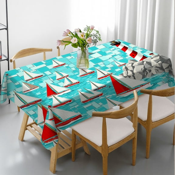 RKSupls Rectangle Dining Tablecloth Sailboat Lighthouse Nautical Print, Washable Wipeable Stain & Wrinkle Resistant Polyester Tablecloth for Kitchen Picnic Party