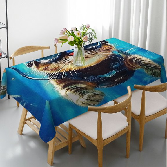 RKSupls Rectangle Dining Tablecloth Scuba Diving Cat Print, Washable Wipeable Stain & Wrinkle Resistant Polyester Tablecloth for Kitchen Picnic Party