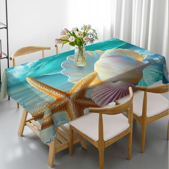 RKSupls Rectangle Dining Tablecloth, Seashell Starfish Beach Landscape Print, Washable Wipeable Stain & Wrinkle Resistant Polyester Tablecloth for Kitchen Picnic Party
