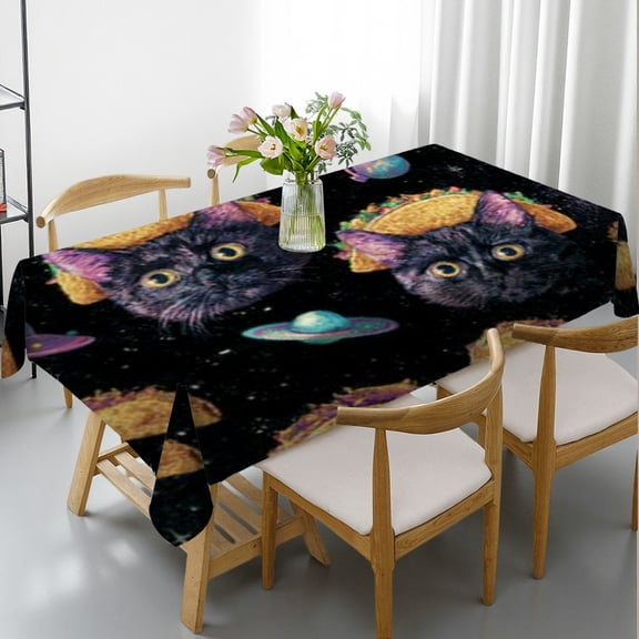 RKSupls Rectangle Dining Tablecloth, Space Taco Cat Galaxy Print, Washable Wipeable Stain & Wrinkle Resistant Polyester Tablecloth for Kitchen Party Picnic
