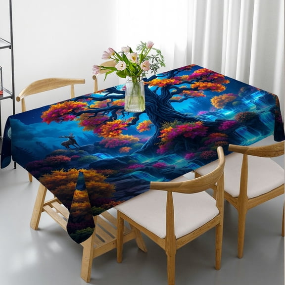 RKSupls Rectangle Dining Tablecloth Spring Tree Moon Waterfall Nature Print, Washable Wipeable Stain & Wrinkle Resistant Polyester Tablecloth for Kitchen Picnic Party