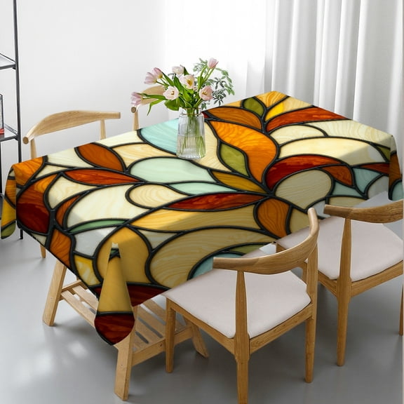 RKSupls Rectangle Dining Tablecloth, Stained Glass Leaves Print, Washable Wipeable Stain & Wrinkle Resistant Polyester Tablecloth for Kitchen Picnic Party