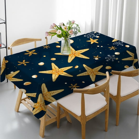 RKSupls Rectangle Dining Tablecloth Starfish Seashell Nautical Print, Washable Wipeable Stain & Wrinkle Resistant Polyester Tablecloth for Kitchen Picnic Party