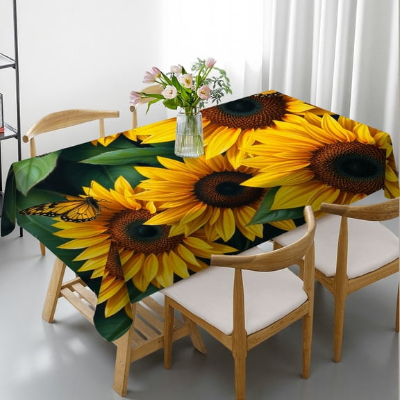 RKSupls Rectangle Dining Tablecloth, Sunflower Butterfly Floral Print, Washable Wipeable Stain & Wrinkle Resistant Polyester Tablecloth for Kitchen Picnic Party