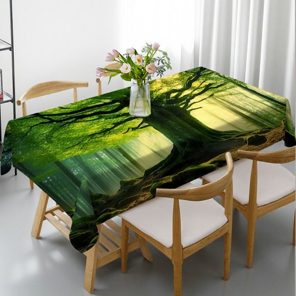 RKSupls Rectangle Dining Tablecloth - Sunlight Forest Tree Green Print, Kitchen Accessories 2D Flat Printing Rectangle Dining Tablecloth, Kitchen Picnic Party