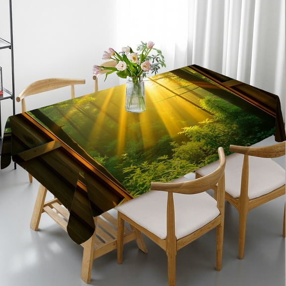 RKSupls Rectangle Dining Tablecloth, Sunlit Forest Window Print, Washable Wipeable Stain & Wrinkle Resistant Polyester Tablecloth for Kitchen Picnic Party
