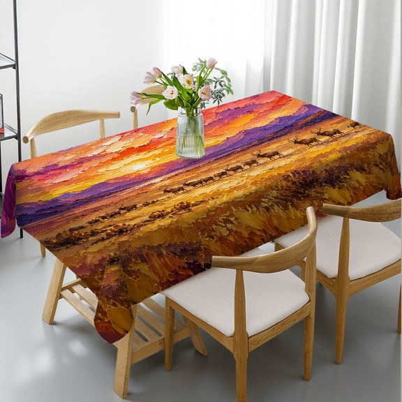 RKSupls Rectangle Dining Tablecloth - Sunset Elk Herd Prairie Print, Holiday-Themed Design Holiday Party Tablecloth Rectangle Dining Tablecloth, Ideal for Kitchen Picnic Party