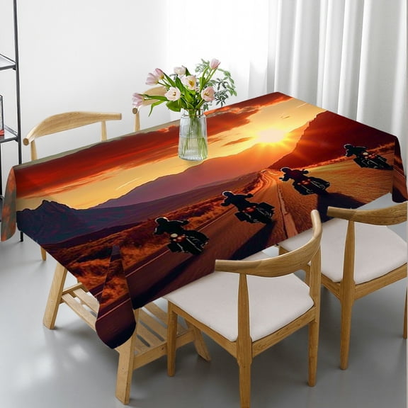 RKSupls Rectangle Dining Tablecloth, Sunset Motorcycle Riders Western Print, Washable Wipeable Stain & Wrinkle Resistant Polyester Tablecloth for Kitchen Picnic Party