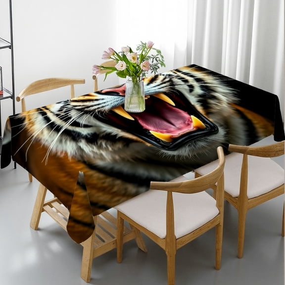 RKSupls Rectangle Dining Tablecloth Tiger Roar Animal Print, Washable Wipeable Stain & Wrinkle Resistant Polyester Tablecloth for Kitchen Picnic Party