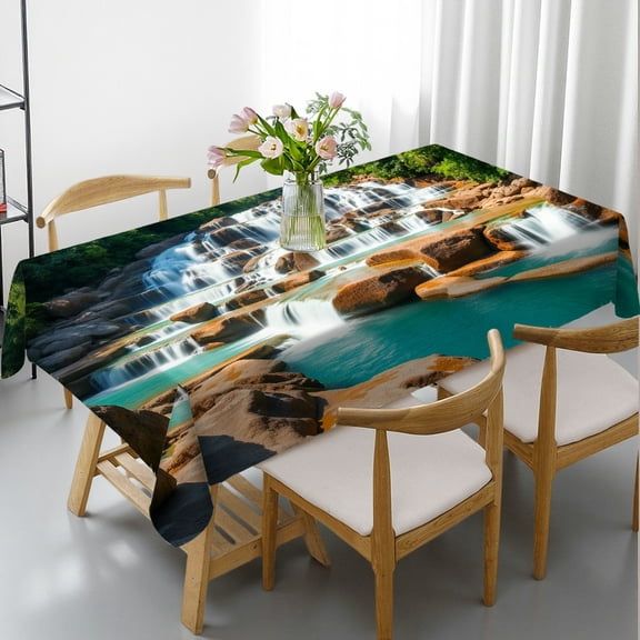 RKSupls Rectangle Dining Tablecloth, Tropical Waterfall Jungle Landscape Print, Washable Wipeable Stain & Wrinkle Resistant Polyester Tablecloth for Kitchen Picnic Party