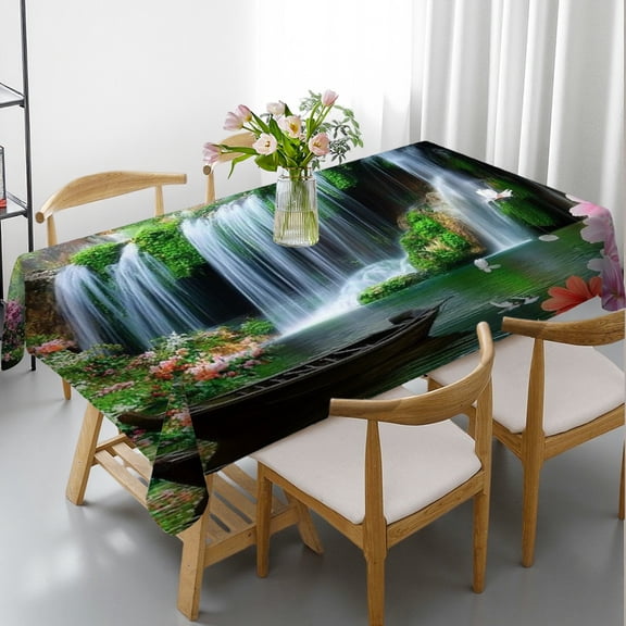 RKSupls Rectangle Dining Tablecloth Tropical Waterfall Print, Washable Wipeable Stain & Wrinkle Resistant Polyester Tablecloth for Kitchen Picnic Party