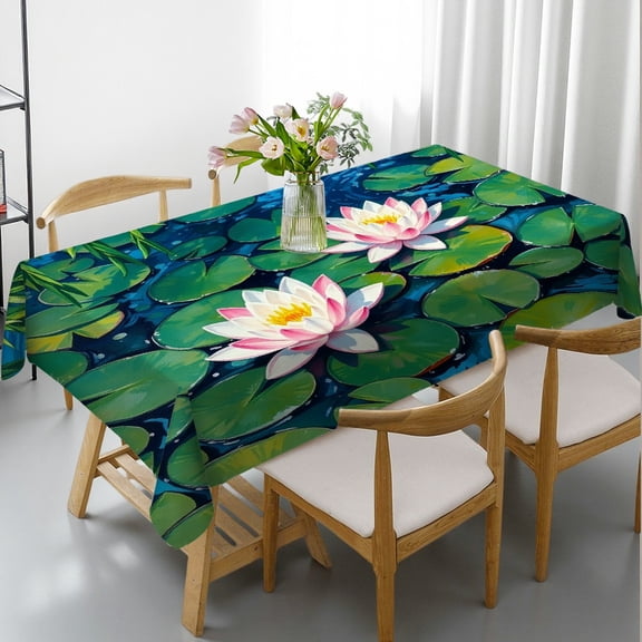 RKSupls Rectangle Dining Tablecloth, Water Lily Pond Print, Washable Wipeable Stain & Wrinkle Resistant Polyester Tablecloth for Kitchen Picnic Party