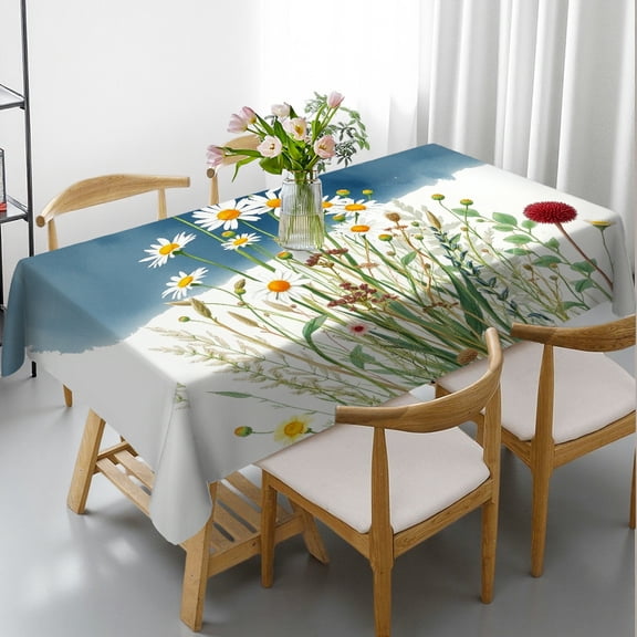 RKSupls Rectangle Dining Tablecloth, Watercolor Wild Daisy Print, Washable Wipeable Stain & Wrinkle Resistant Polyester Tablecloth for Kitchen Picnic Party