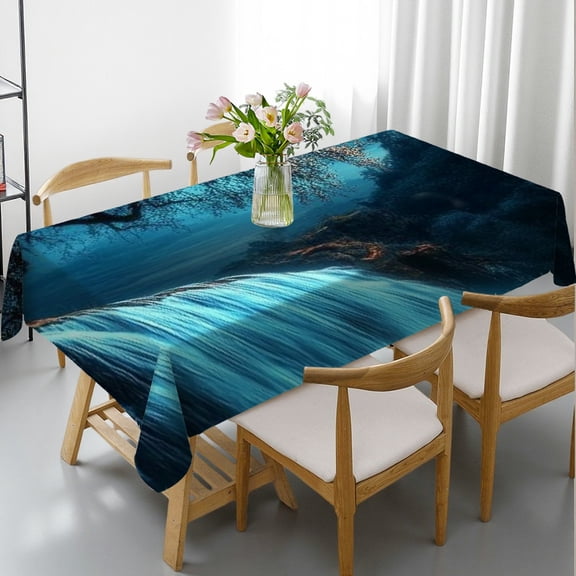 RKSupls Rectangle Dining Tablecloth, Waterfall Cherry Blossom Moon Landscape Print, Washable Wipeable Stain & Wrinkle Resistant Polyester Tablecloth for Kitchen Picnic Party