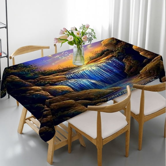 RKSupls Rectangle Dining Tablecloth, Waterfall Moon Starry Night Fantasy Print, Washable Wipeable Stain & Wrinkle Resistant Polyester Tablecloth for Kitchen Picnic Party