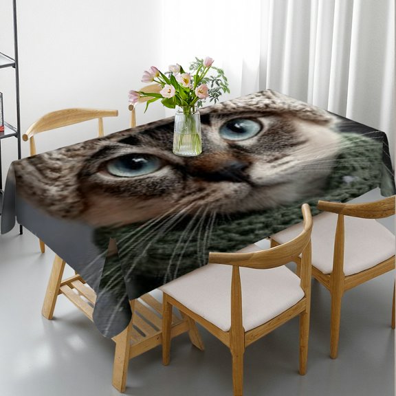 RKSupls Rectangle Dining Tablecloth, Winter Cat Cozy Print, Washable Wipeable Stain & Wrinkle Resistant Polyester Tablecloth for Kitchen Party Picnic