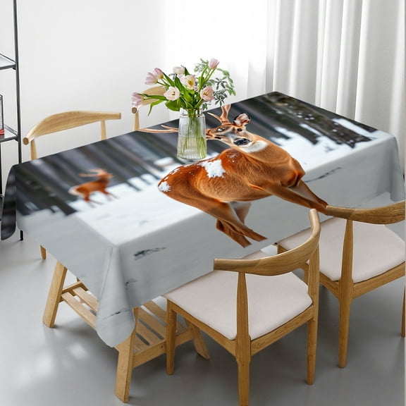 RKSupls Rectangle Dining Tablecloth Winter Deer Animal Print, Washable Wipeable Stain & Wrinkle Resistant Polyester Tablecloth for Kitchen Picnic Party