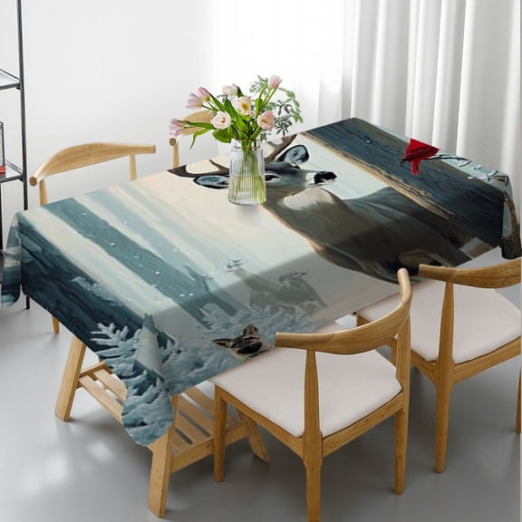 RKSupls Rectangle Dining Tablecloth, Winter Deer Wildlife Print, Washable Wipeable Stain & Wrinkle Resistant Polyester Tablecloth for Kitchen Party Picnic