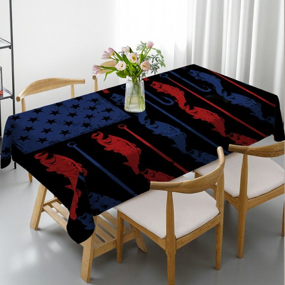 RKSupls Rectangle Tablecloth - American Flag Bass Fish Hooks Grunge Print, Kitchen Accessories Machine-Made Rectangle Tablecloth, Ideal for Kitchen Picnic Party