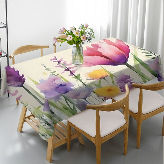 RKSupls Rectangle Tablecloth - Bees Tulips Watercolor Pastel Print, Polyester Tablecloths Machine-Made Rectangle Tablecloth, Ideal for Kitchen Picnic Party