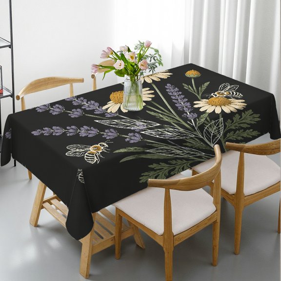 RKSupls Rectangle Tablecloth - Daisy Lavender Bee Botanical Print, Machine-Made Polyester Tablecloths Rectangle Tablecloth, Ideal for Kitchen Picnic Party