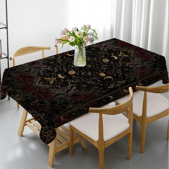 RKSupls Rectangle Tablecloth - Gothic Black Floral Golden Moons Print, Holiday Party Tablecloth Festive Table Setting Rectangle Tablecloth, Ideal for Kitchen Picnic Party
