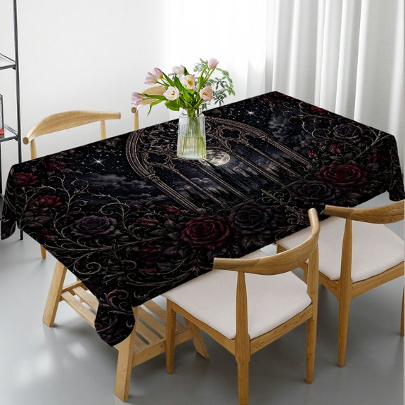RKSupls Rectangle Tablecloth - Gothic Cathedral Window Moonlit Roses Print, Holiday Party Tablecloth Festive Table Setting Rectangle Tablecloth, Ideal for Kitchen Picnic Party