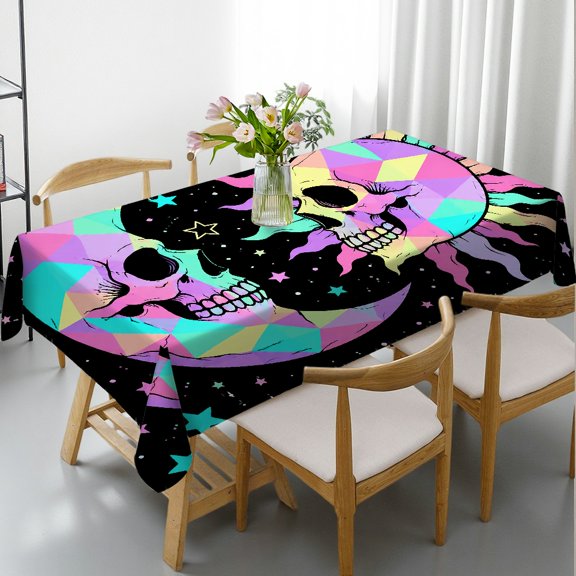 RKSupls Rectangle Tablecloth - Holographic Skull Roses Stars Black Print, Machine-Made Holiday Party Tablecloth Rectangle Tablecloth, Ideal for Kitchen Picnic Party