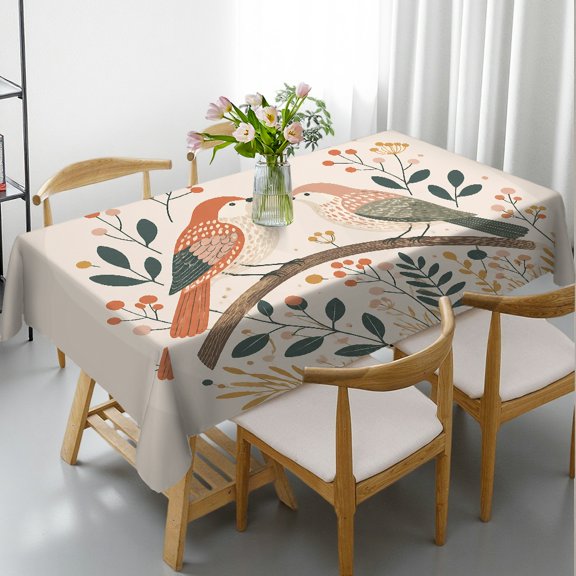 RKSupls Rectangle Tablecloth - Love Birds Branch Berries Illustration Print, Holiday Party Tablecloth Machine-Made Rectangle Tablecloth, Ideal for Kitchen Picnic Party