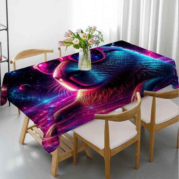RKSupls Rectangle Tablecloth - Neon Capybara Cosmic Pool Print, Machine-Made 2D Flat Printing Rectangle Tablecloth, Ideal for Kitchen Picnic Party