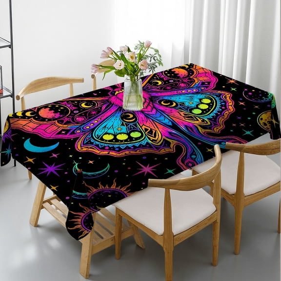 RKSupls Rectangle Tablecloth - Neon Moth Moon Star Rainbow Pattern Print, Festive Table Setting Holiday Party Tablecloth Rectangle Tablecloth, Ideal for Kitchen Picnic Party