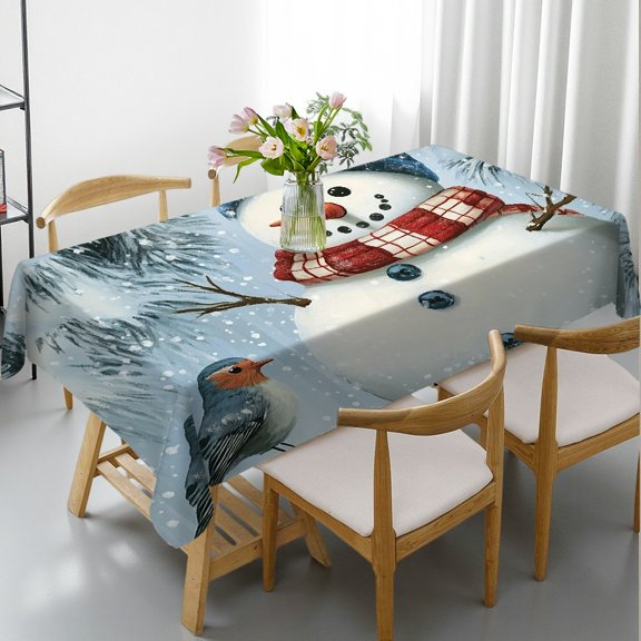 RKSupls Rectangle Tablecloth - Snowman Blue Hat Robin Snowfall Print, Machine-Made Festive Table Setting Rectangle Tablecloth, Ideal for Kitchen Picnic Party