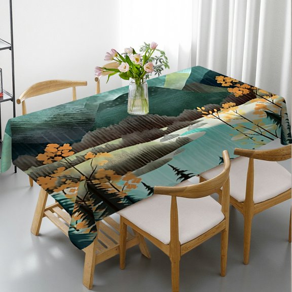 RKSupls Rectangle Tablecloth - Trees Birds Mountains Waterfall Print, Machine-Made Polyester Tablecloths Rectangle Tablecloth, Ideal for Kitchen Picnic Party