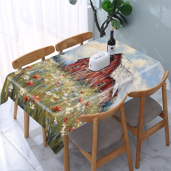 RKSupls Red Barn Wildflowers Rectangle Dining Tablecloth, Washable Wipeable Stain & Wrinkle Resistant Polyester Tablecloth for Kitchen Picnic Party