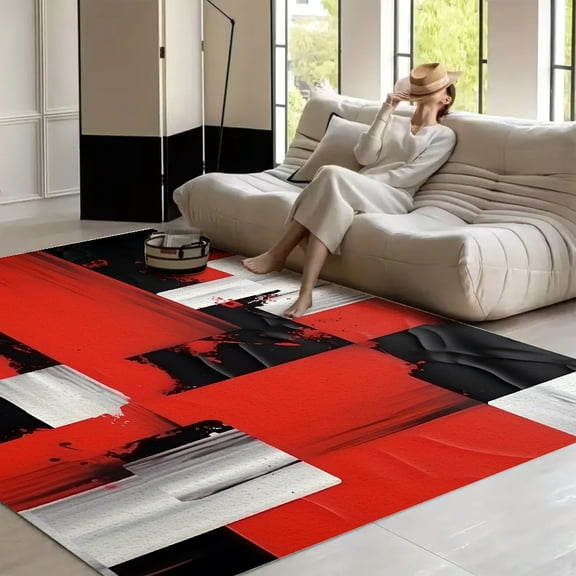 RKSupls 4x3ft Red Black Geometric Abstract Blocks Soft Fluffy Velvet Area Rug for Living Room Bedroom, Non-Slip Washable Carpet, Modern Minimalist Home Decor Floor Mat