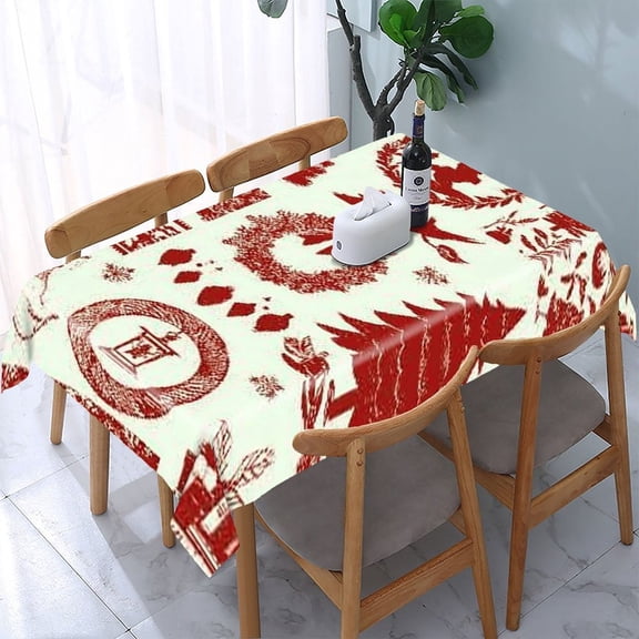 RKSupls Red Christmas Toile Rectangle Dining Tablecloth, Washable Wipeable Stain & Wrinkle Resistant Polyester Tablecloth for Kitchen Picnic Party