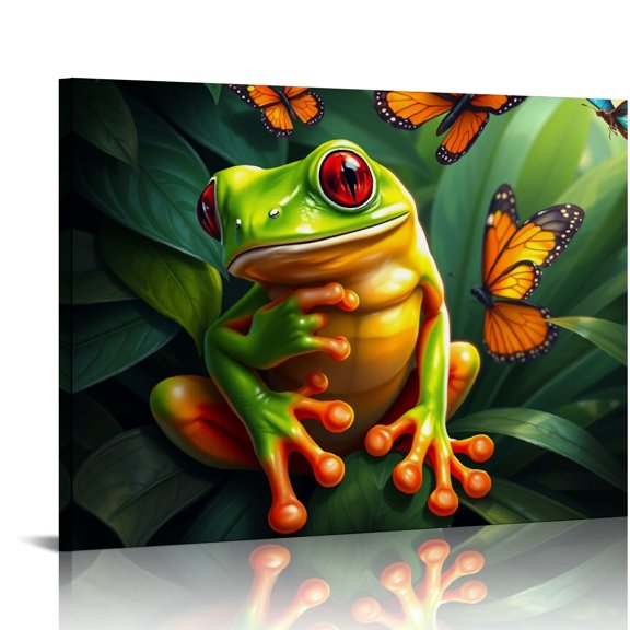 RKSupls Red Eyed Tree Frog Butterflies Canvas Wall Art, Tropical Jungle Wall Decor Print, Modern Artwork for Living Room Bedroom Office Home Decor,20x16in