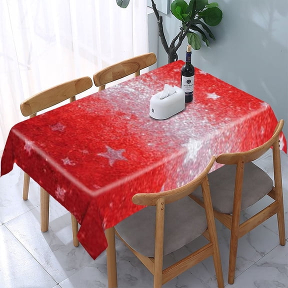 RKSupls Red Glitter Star Rectangle Dining Tablecloth, Washable Wipeable Stain & Wrinkle Resistant Polyester Tablecloth for Kitchen Picnic Party