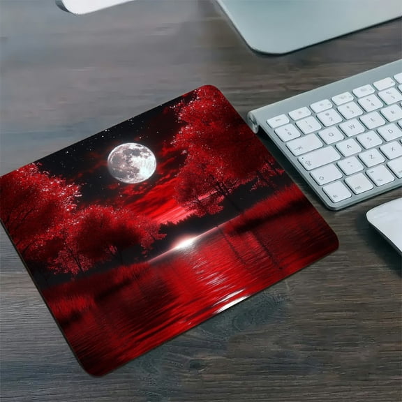 RKSupls Red Moon Forest Lake Diatom Mud Mouse Pad, Personalized Hard Desk Mat with Non-Slip Base, Fast Drying Washable Premium Mousepad for Gaming and Office,30*25cm