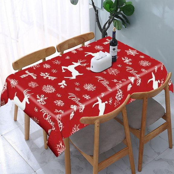 RKSupls Red Reindeer Snowflakes Pattern Rectangle Dining Tablecloth, Washable Wipeable Stain & Wrinkle Resistant Polyester Tablecloth for Kitchen Picnic Party